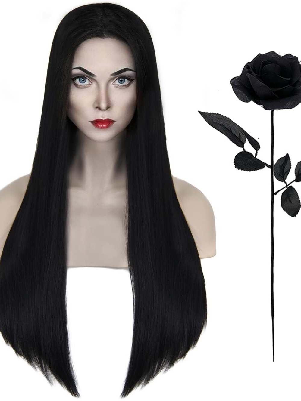 Morticia Addams Wig 27” Black Straight Halloween Cosplay Wig Rose